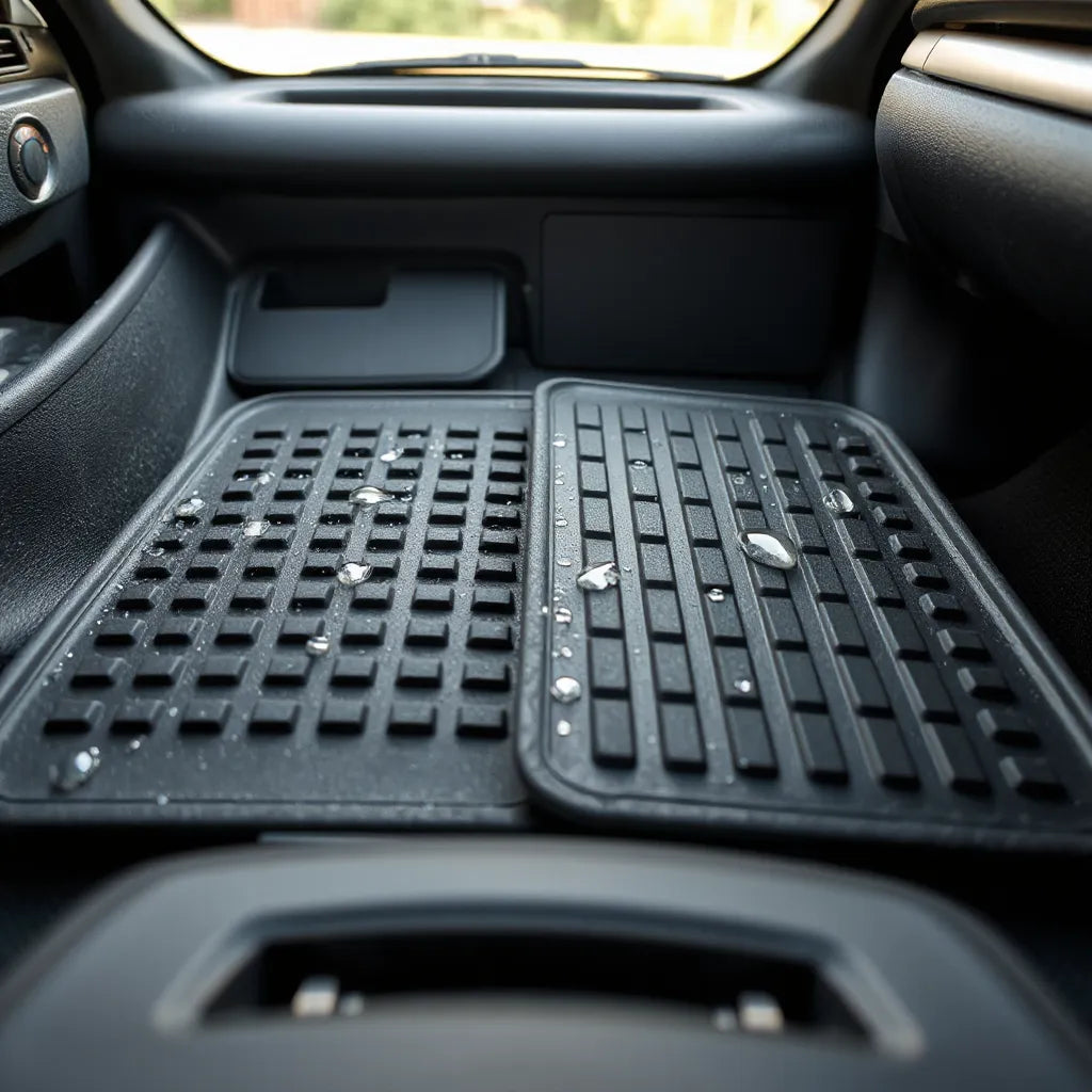 Weather-resistant car mats with raised edges and water beading in a clean car interior