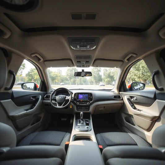 Neatly fitted custom car floor mats in a modern car interior under natural daylight
