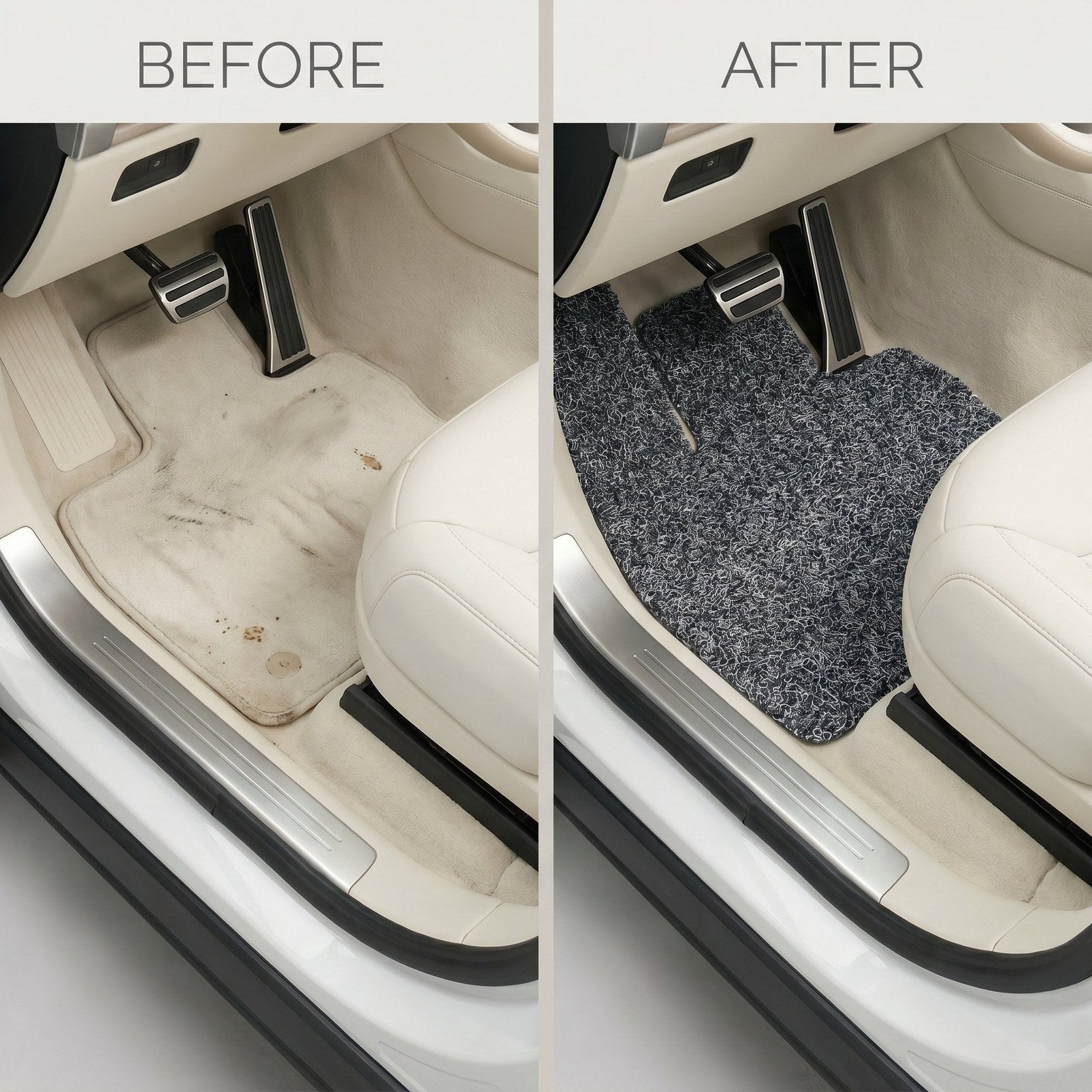 Before and after vehicle floor with CarMatsCulture Honeycomb Mats