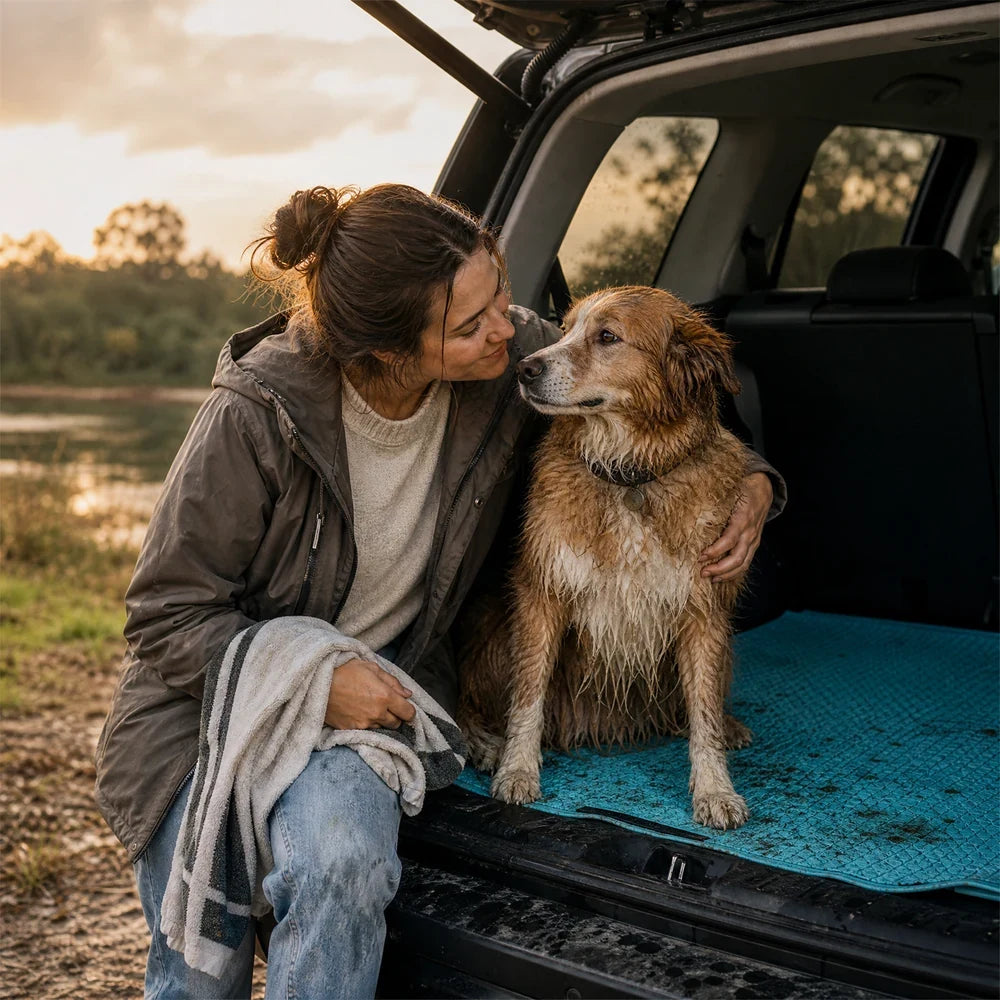 A car owner sharing a quiet moment with a wet dog beside a protected vehicle interior