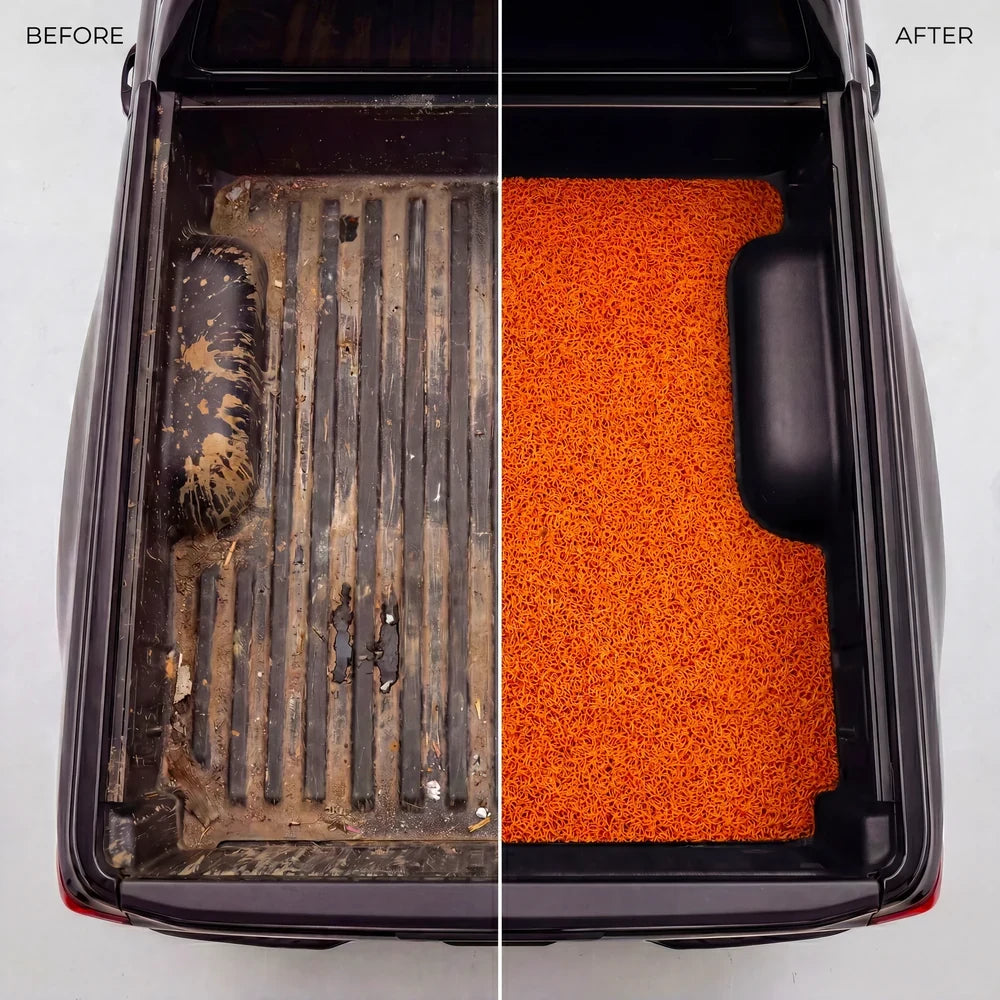 Before and after view of a ute tub with a fitted coil mat
